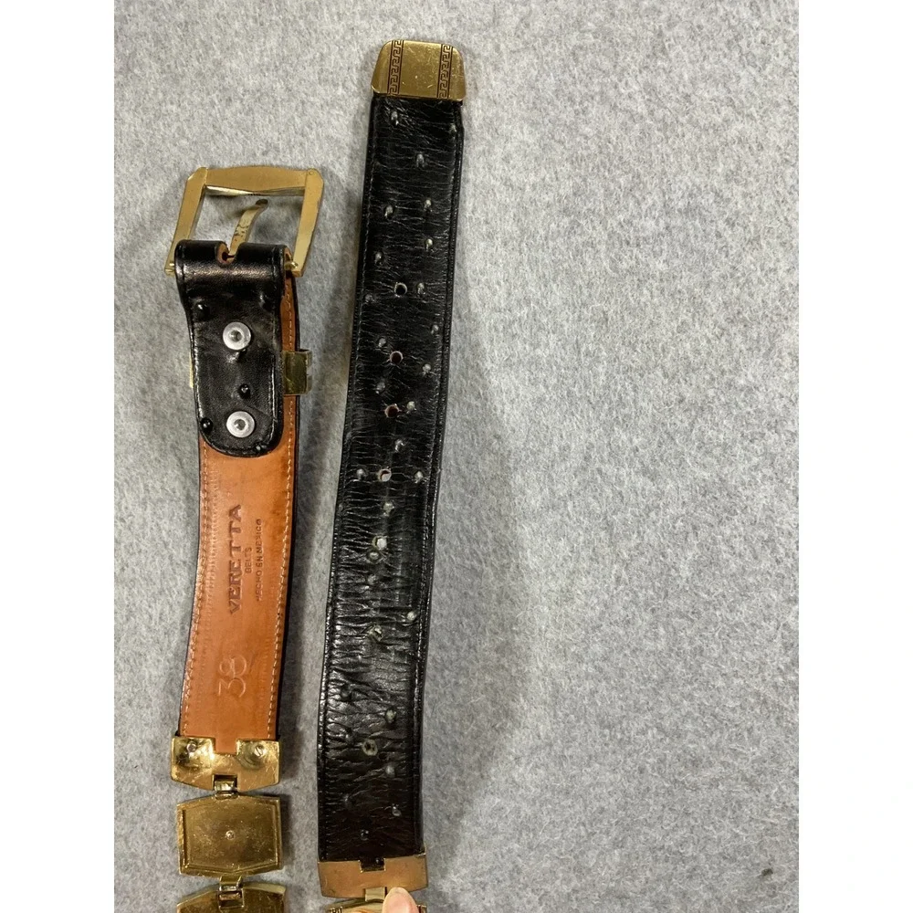 Veretta Belts Mens 38 Black Ostrich Leather Gold Medallion Key Belt Mexico 1567